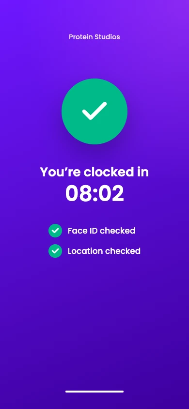 Vyce app confirming a successful clock-in at 08:02